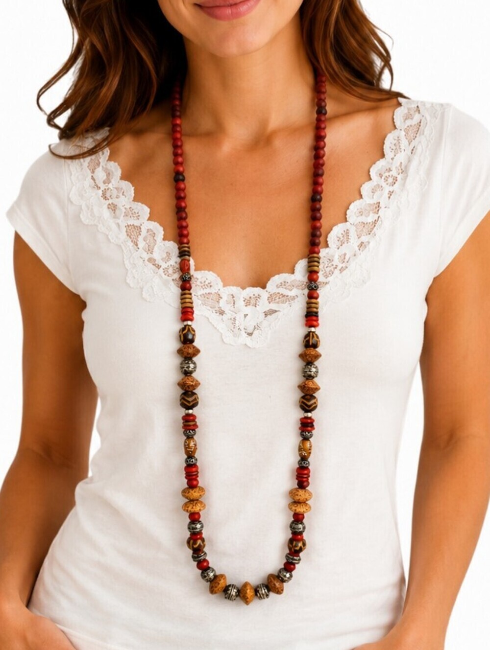 VTG Tibetan Tribal Cinnabar and Palmwood Beaded Necklace